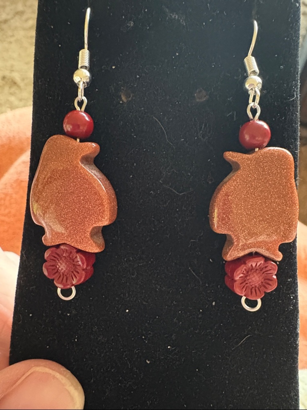 Hand Crafted Goldstone and Cinnabar Penguin Dangle Earrings